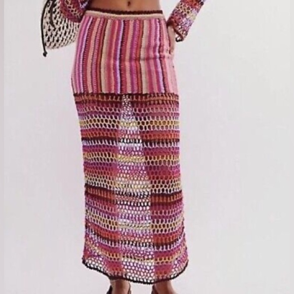 New Free People Bali Sunrise Crochet Maxi Gypsy Bohemian Skirt sz XS